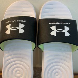 NEW Under Armour Slides sz 3Y white, black with neon green/yellow interior